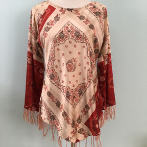 Silk-Feel Blouse with Fringes & Beaded Detailing